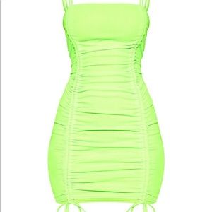 neon lime ruched front strappy bodycon dress